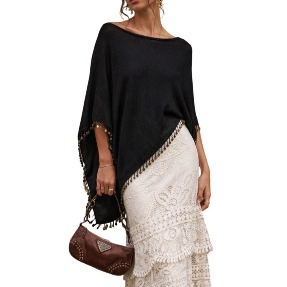 Vintage 90s Boho Whimsy Embellished Coin Fringe Asymmetrical Wool Blend Pancho